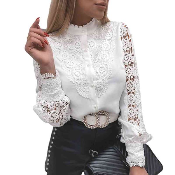 

elegant ruffled lace splicing white blouses 2021 spring women hollow out long sleeves office korean shirt blusas mujer