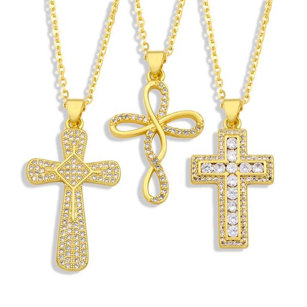 

pendant necklaces flola gold chain cross necklace women girl copper cz white stone crystal short christian jewelry nkey16, Silver
