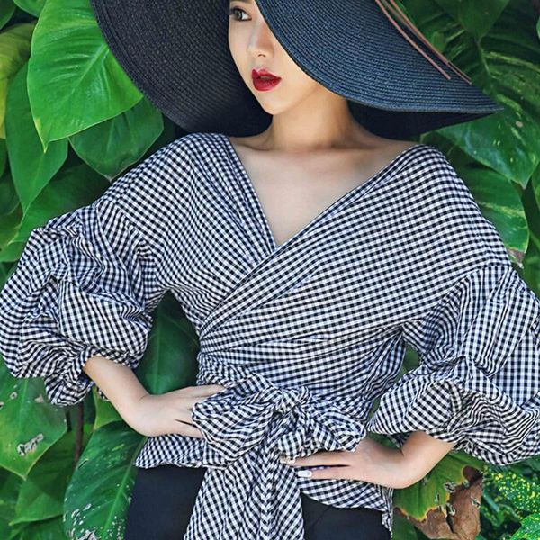 

women's blouses & shirts femme 2021 spring women fashion puff sleeve v-neck bow belt bandage shirt elegant work office lady blusas, White