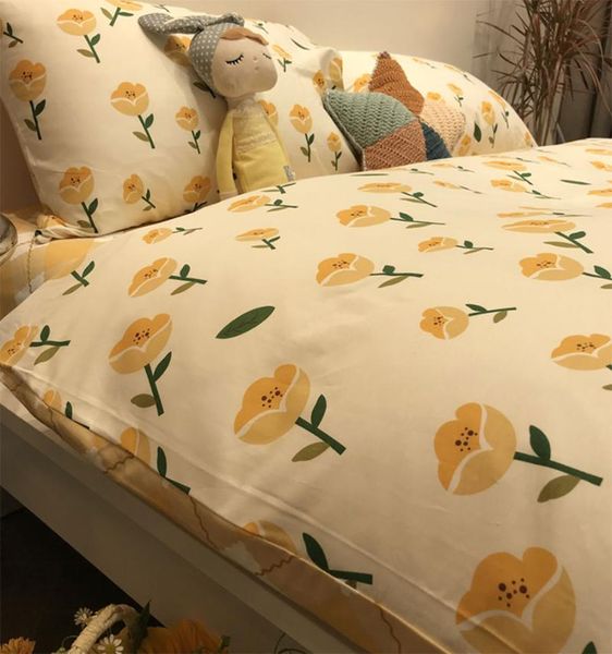 

bedding sets vintage pastoral yellow tulips set teen girl,cotton twin full  home textile bed sheet pillow case quilt cover