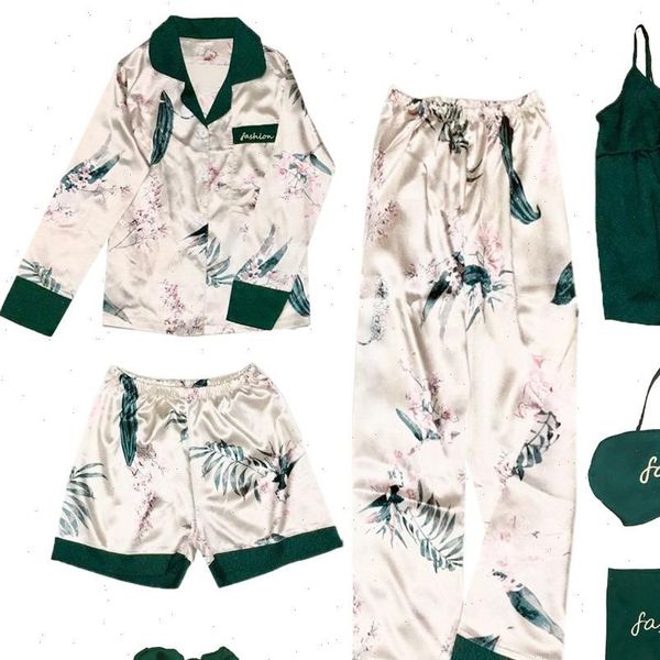 

7 pieces silk satin womens sleepwears pajamas pyjamas set pijama suit sleep two piece loungewear, Black;red