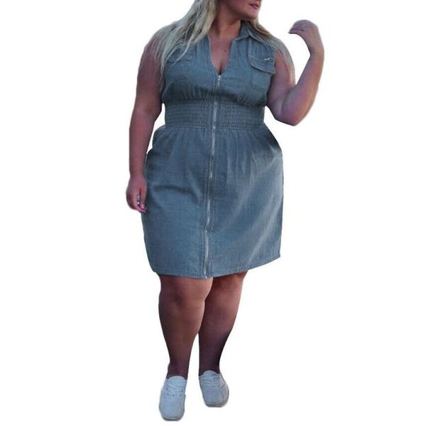 

casual dresses plus size jeans dress womens summer sleeveless zip up denim mini streetwear blue high waist holiday sundress robes, Black;gray