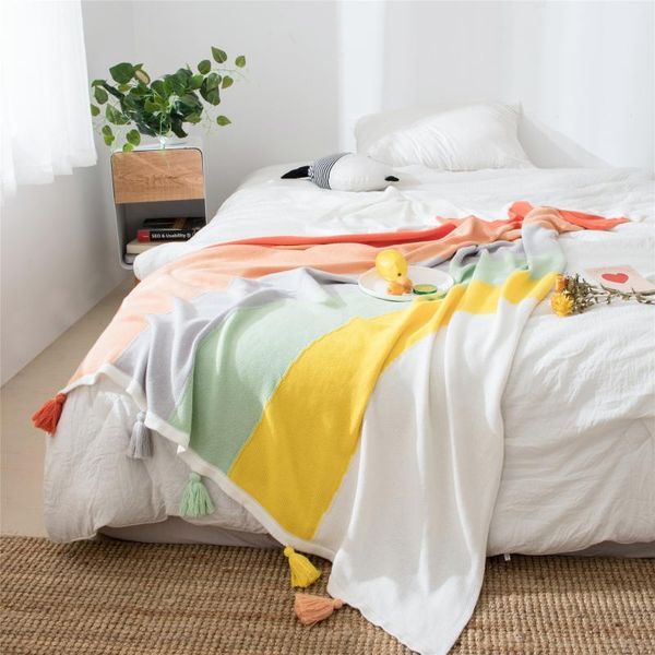 

nordic rainbow kawaii blanket cute tassel home sofa knitted and throws cotton air conditioning bedspread winter soft mat blankets