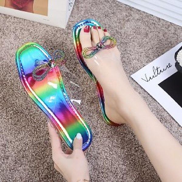 

slippers summer the fashion women's flip flops 2021 all-match comfortable rhinestone bow rainbow zapatillas mujer, Black