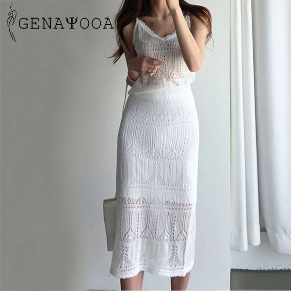 

genayooa sleeveless office lady women's v-neck 2 women outfits korean skirt elegant knit two piece set 210417, White