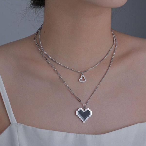 

pendant necklaces allme 2021 trendy black enamel mosaic heart necklace for women layered hollow love titanium steel choker, Silver