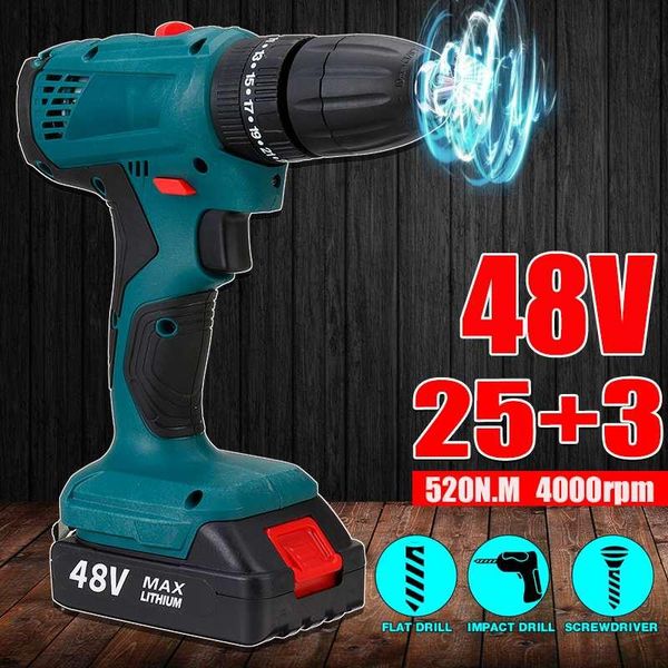 

professiona electric drills 48v impact drill 25+3 torque wireless power tools screwdriver with 1/2 pcs battery
