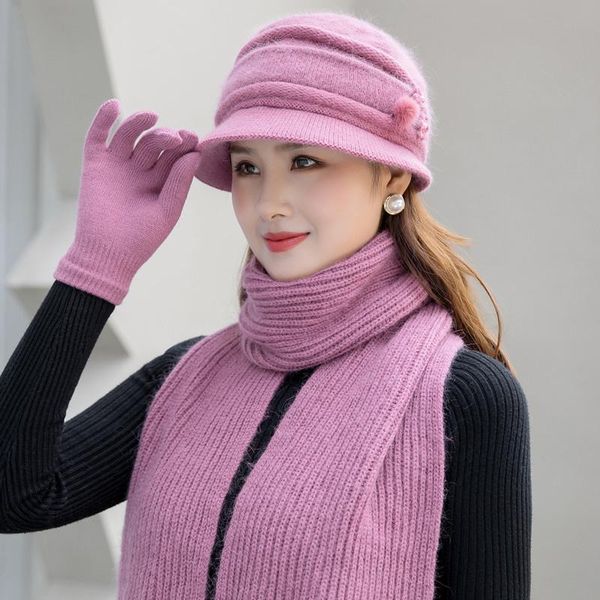 

beanie/skull caps women flowers casual winter hat keep neck warmer scarf gloves set three pieces for female add fur lining knitted, Blue;gray