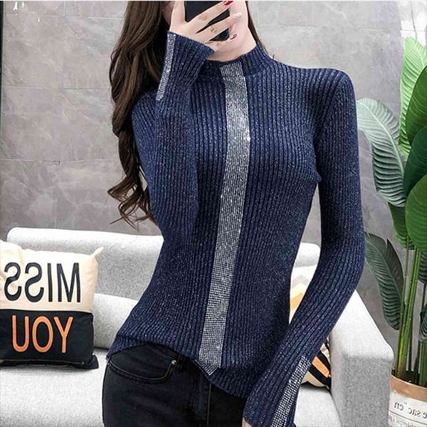 

bright silk half turtleneck women sweaters knitted thicken korean autumn diamonds pullover winter warm female, White;black
