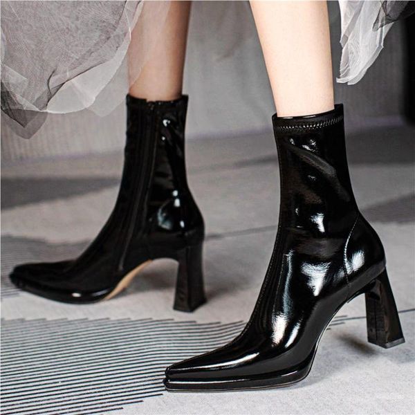 

boots party pumps women's patent leather ankle pointed toe high heels platform shoes 34 35 36 37 38 39 40, Black