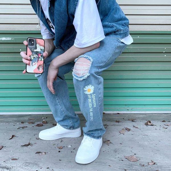 

men's jeans printing temperament wash waist loose straight fashion literature and art leisure youth pants pantalones, Blue