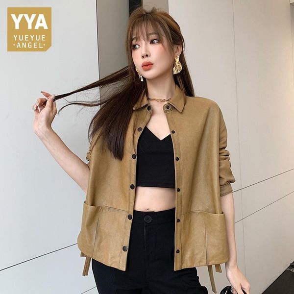 

women's leather & faux genuine jackets casual korean style womens short outerwear 2021 spring autumn straight office lady sheepskin coa, Black