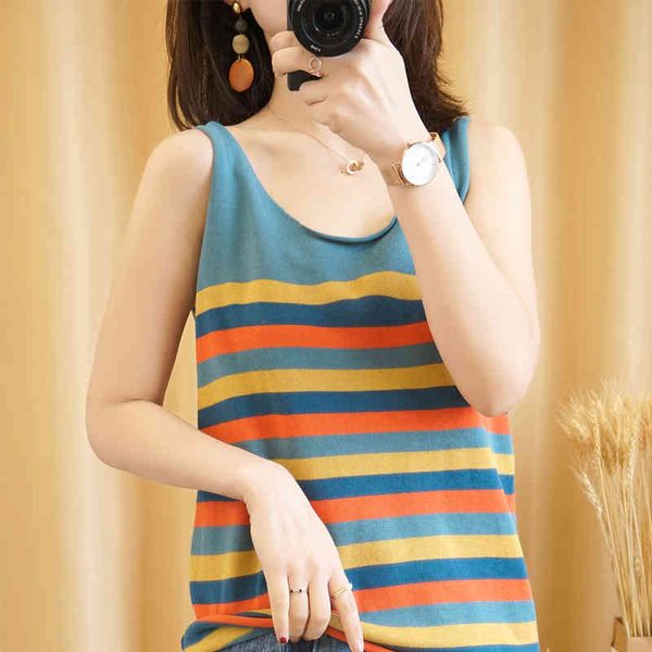 

tanks szdyqh summer 100% cotton base wild short paragraph loose striped vest female outerwear women's knit pullover tank top, White