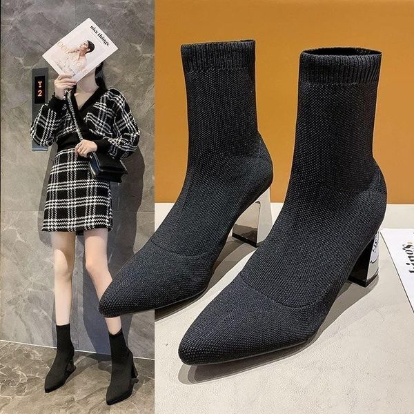 

boots brcchenxi 2021 autumn and winter net red mid-heel high-heeled short spring pointed elastic socks, Black