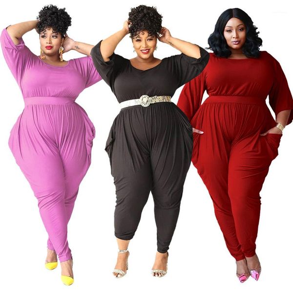 

Sleeve Crew Neck Skinny Rompers Casual Plus Size Woman Clothes Solid Color Autumn Women Jumpsuits Half, Purple