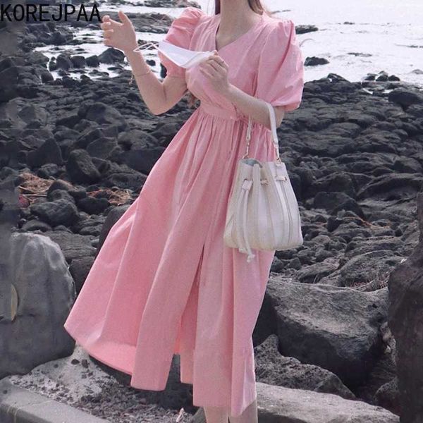 

korejpaa women dress summer korean chic girls sweet age-reducing v-neck cross-tie waist puff sleeve vestidos 210526, Black;gray