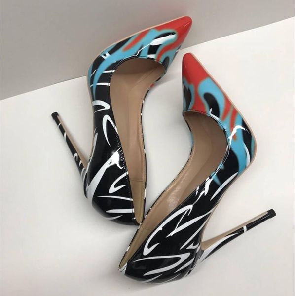 

blue orange contrast color toe pumps women multi printing patent leather slip on celebrity party female zapatos ladies high heel dress shoes, Black