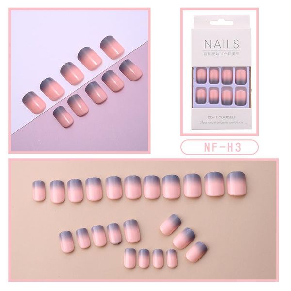 

false nails 24pcs short round head fake press on nail cute milktea color shiny gold foil gradient artificial, Red;gold