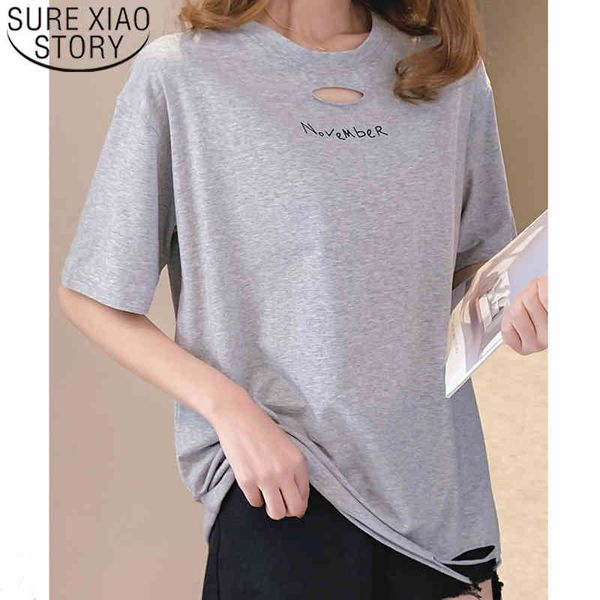 

early spring and summer female solid color simple style casual t-shirt holes loose korean short sleeve t-shirt 8814 50 210510, White