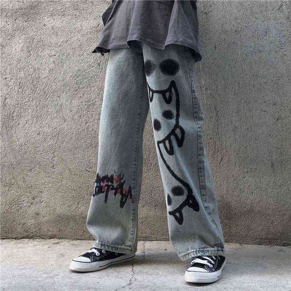 

houzhou women jeans harajuku streetwear hip hop wide leg baggy denim pants grunge graffiti print high waist casual trousers y2k 211129, Blue