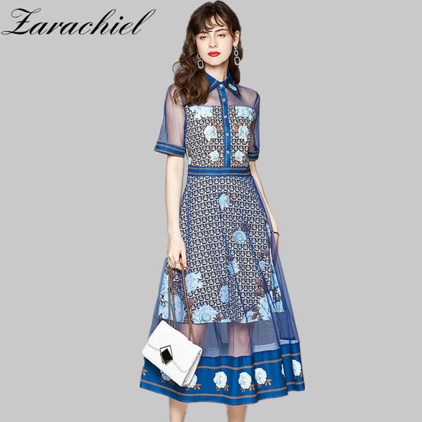 

trend style women elegant patchwork cartoon printed high waist slim mesh lace long female short sleeve dot cute dress 210416, Black;gray
