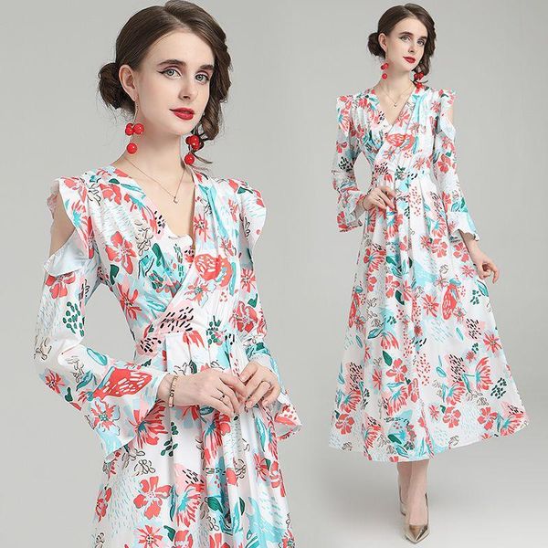 

casual dresses women's v neck long-sleeved flower printed high waist bohemian vestidos autumn off the shoulder ruffles maxi dress 8622, Black;gray