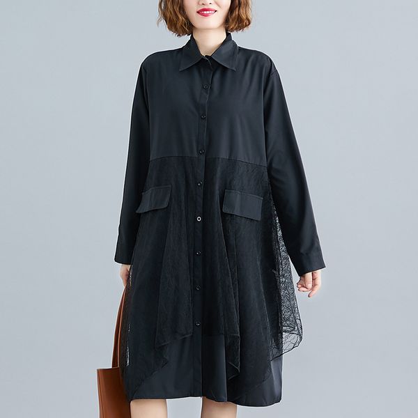 

johnature women patchwork lace dress black turn-down collar button long sleeve vintage female clothes casual shirt dress 210521, Black;gray