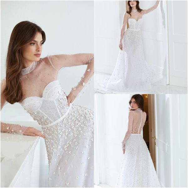 Elihav Sasson A Line Abiti da sposa Abiti da sposa Collo alto Manica lunga Perline Appliqued Boho Country Robes De Mari￩e