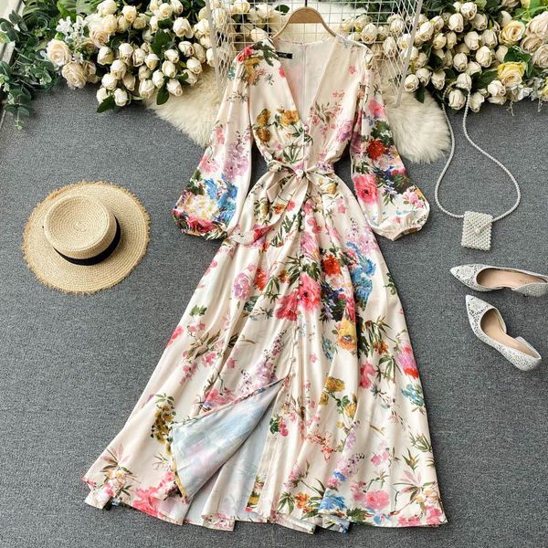 

casual dresses 2021 autumn women elegant high waist floral slim a-line ethnic luxury holiday retro long puff sleeve party dress 3429, Black;gray