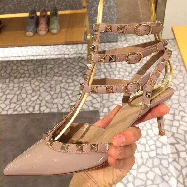 

luxury dress shoes 2021 spring and summer rivet pointed high heels t belt liuding fine heel strap leather sandals bridmaid women's sho, Black