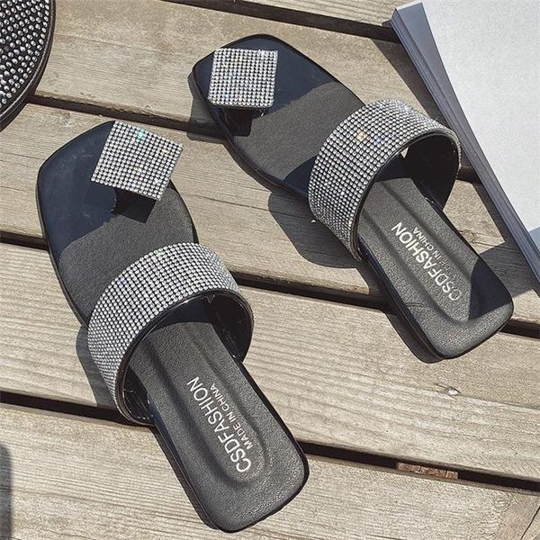 

slippers 2021 summer style shoes women sandals bling crystal flats solid flip flops ladies big size 42, Black