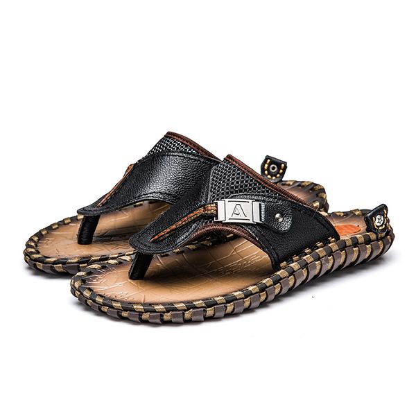 

mens casual shoes genuine leather sandals men flip flops breather slippers plus size summer, Black