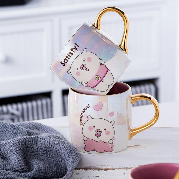 

simple ins design colorful cartoon pig pearl glaze ceramic mug female water cup coffee with cover and spoon mugs