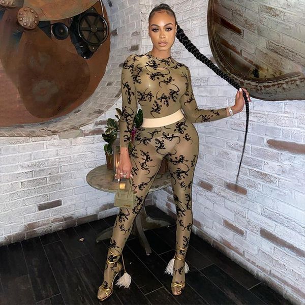 

mesh see through print two womens rompers piece sets skinny casual lounge wear female fashion suits long sleeve autumn, Black;white