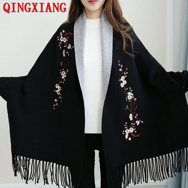 

scarves 14 colors oversize embroidered plum flower cloak winter knitted thick tassel poncho women floral female long sleeves warm shawl, Blue;gray