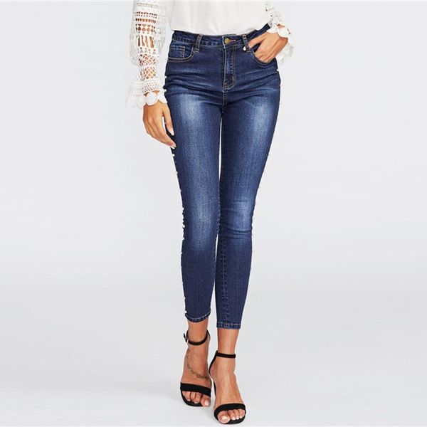 

women's jeans spring summer casual slim bead office ladies zipper thin skinny pencil pants denim women trousers midcalf street wear, Blue