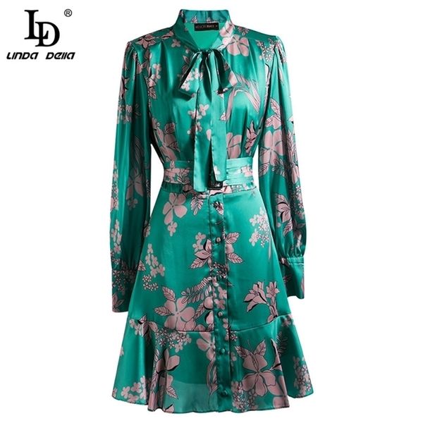 Summer Fashion Runway Bow Laço Vestido Mulheres Manga Longa Belted Ruffles Impressão Floral Senhoras Vestidos Vestidos Vestido 210522