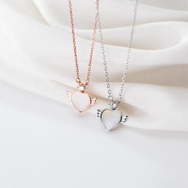 

pendant necklaces 925 solid sterling silver cute shell inlay heart shape necklace short clavicle chain for women girl lady jewelry