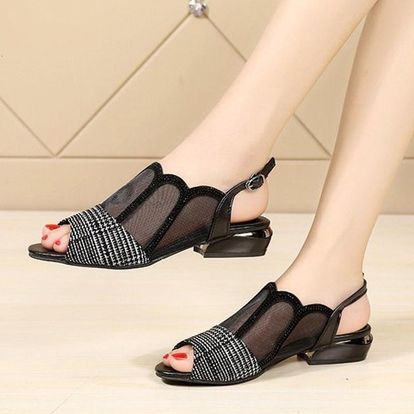 

sandals summer women mixed colors peep toe back strap ladies shoes grid slip on gauze low heels sandalias mujer 9042c 7381, Black