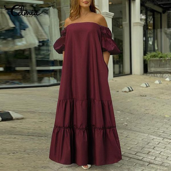 

celmia summer maxi long dress women solid off shoulder dresses casual loose puff sleeve ruffled sundress party vestidos 5xl, Black;gray
