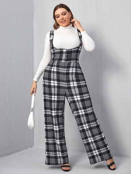 

plus button front plaid pinafore jumpsuit without v3vq#, Black