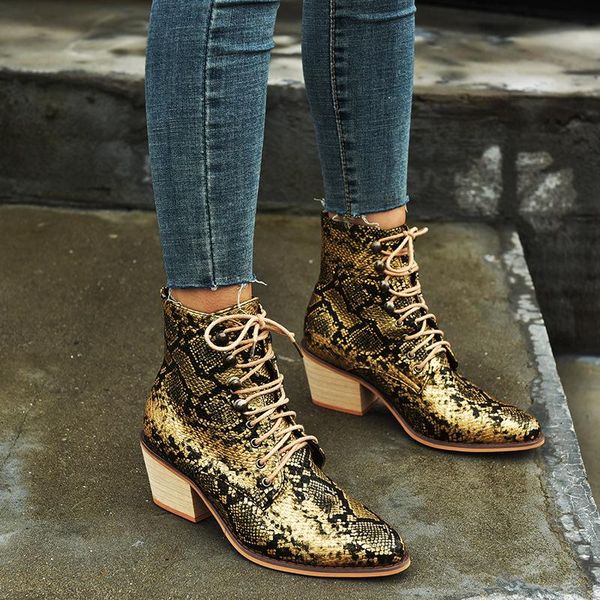 

boots ankle for women platform fashion female square heel serpentine cowgirl lace-up booties pointed toe leather shoes, Black