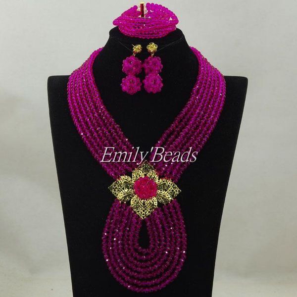 

earrings & necklace fuchsia pink african beads jewelry set costume nigerian wedding bridal sets 7 layers alj348, Silver