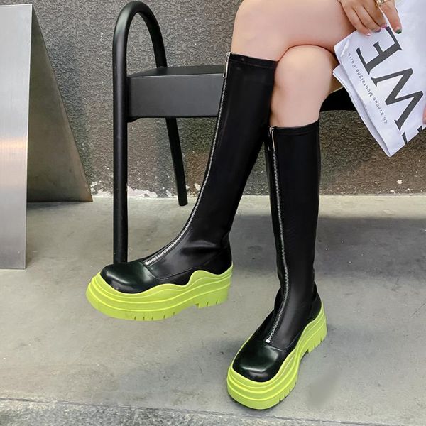 

boots 2021 spring autumn fashion woman mid calf platform square toe street leisure zipper mixed colors shoes, Black