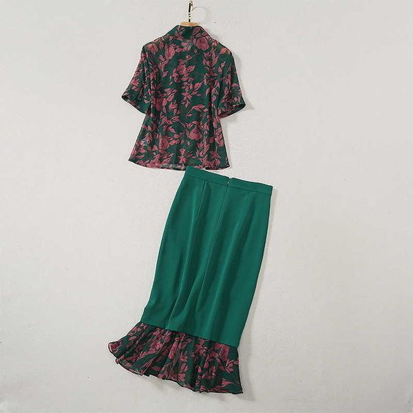 

two piece dress ladies skirt elegant work suit summer fashion 2 women color block leaves print shirt+midi green mermaid skirt set l zo68, White