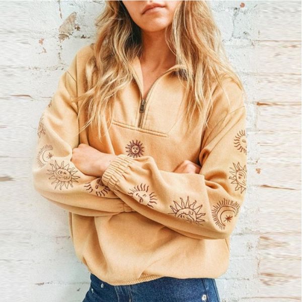 

tech fleece hoodie chic sun graphics vintage zip up collar sweatshirt women loose casual streetwear winter y2k oversized t-shirt, Black