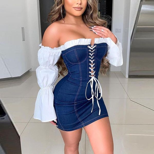 

casual dresses women slash neck bandage mini dress elegant flare sleeve patchwork ruffle club ladies backless bodycon, Black;gray