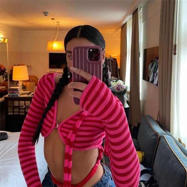 

women's t-shirt knitted crop striped ribbons botton bandage long sleeve t-shirts women clothes autumn y2k casual fairy grunge tees, White