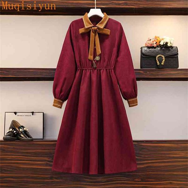 

hit spring vintage dress women's turn down collar bow long sleeves a line woman es -4xl s264 210519, Black;gray