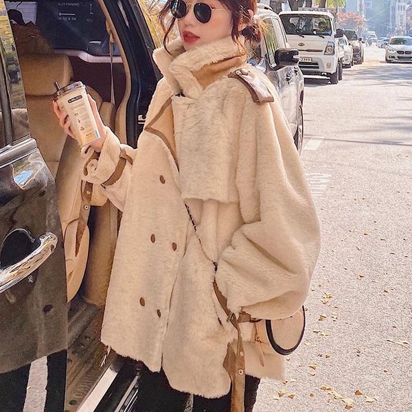 

women's fur & faux genuine sheepskin coats ladies turndown collar wool outwear female double breasted sheep shearing jacket women x767, Black